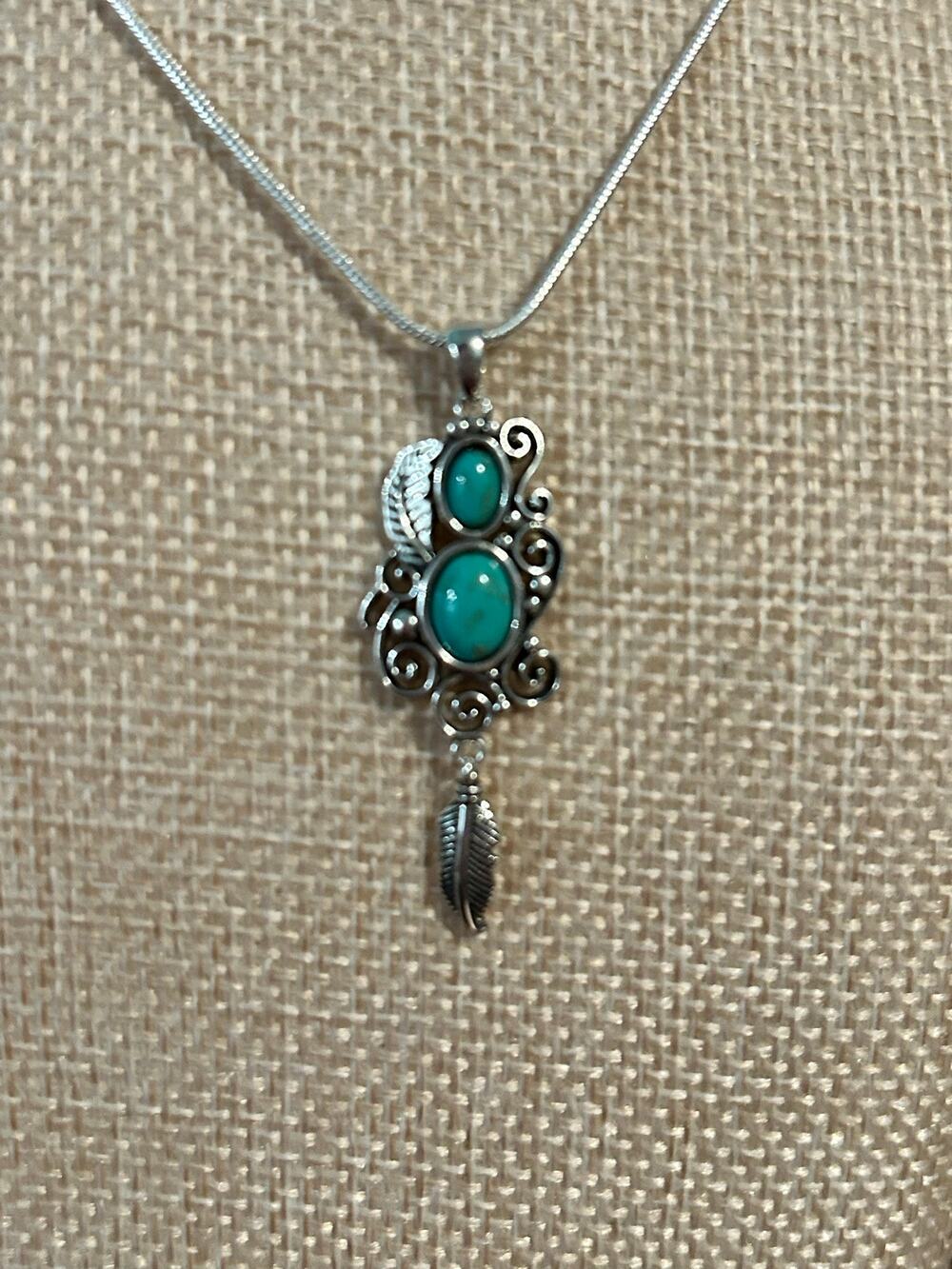 925 Sterling Silver Turquoise Feather Dangle Pendant Necklace 20" Southwest New